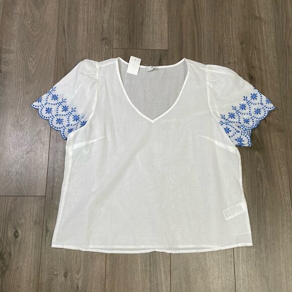 J Crew V Neck Embroidered Short Sleeve 100% Cotton Top US Women's M New - Picture 2 of 7